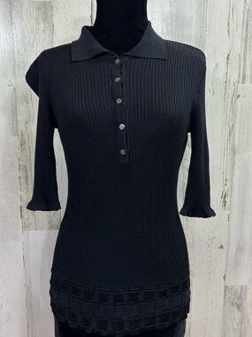 Caché Vintage Y2K Waffle Knit Polo Collar Short Sleeve Sweater